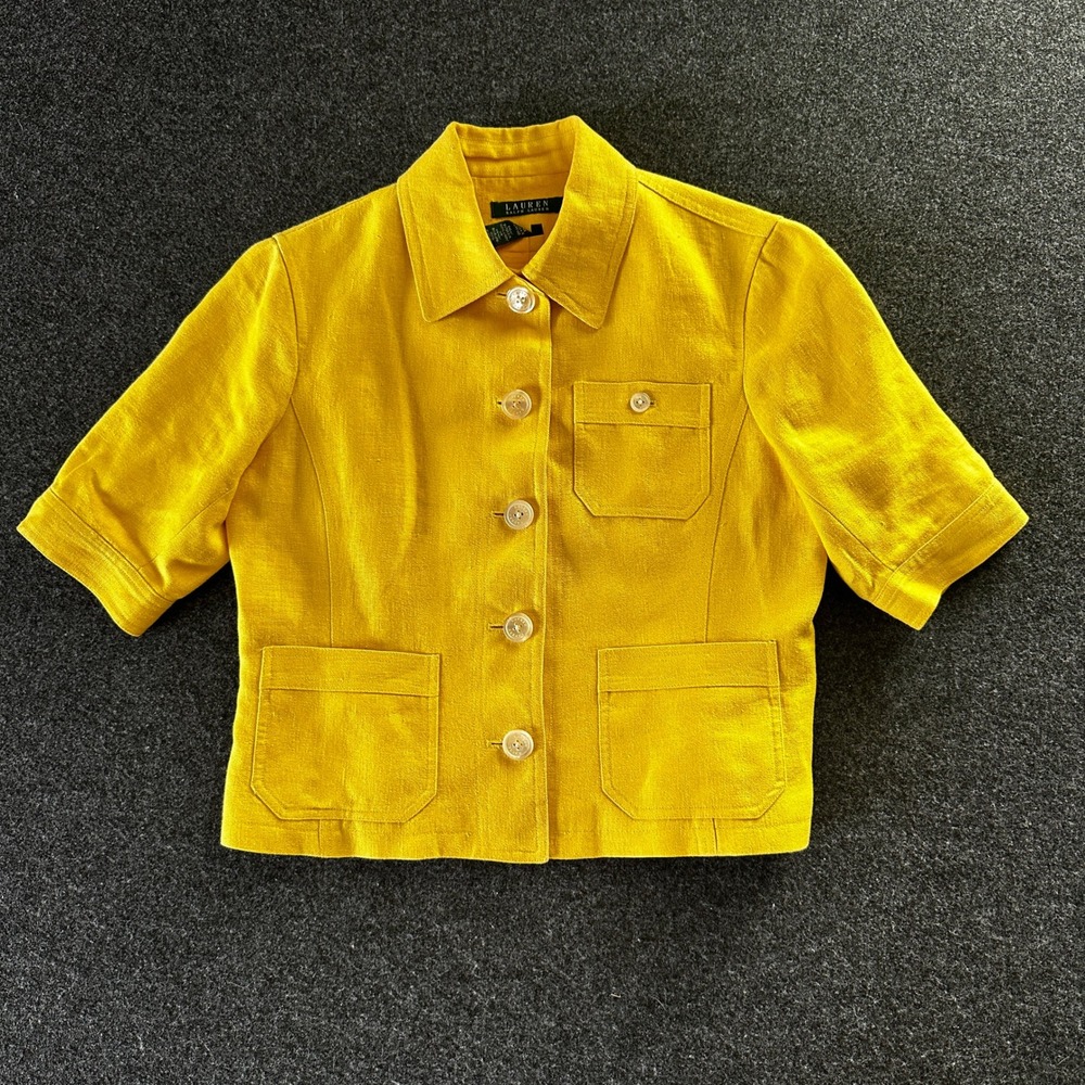 Lauren Ralph Lauren Yellow 100% Linen Short Sleeve Button Up Jacket Size 6